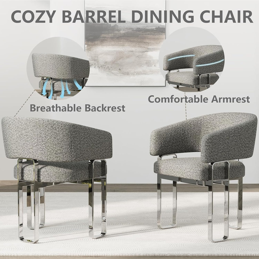 New Dining Chairs Set of 2 – Bouclé Upholstered Barrel Armchairs, Modern Grey Dining Room Accent Chairs