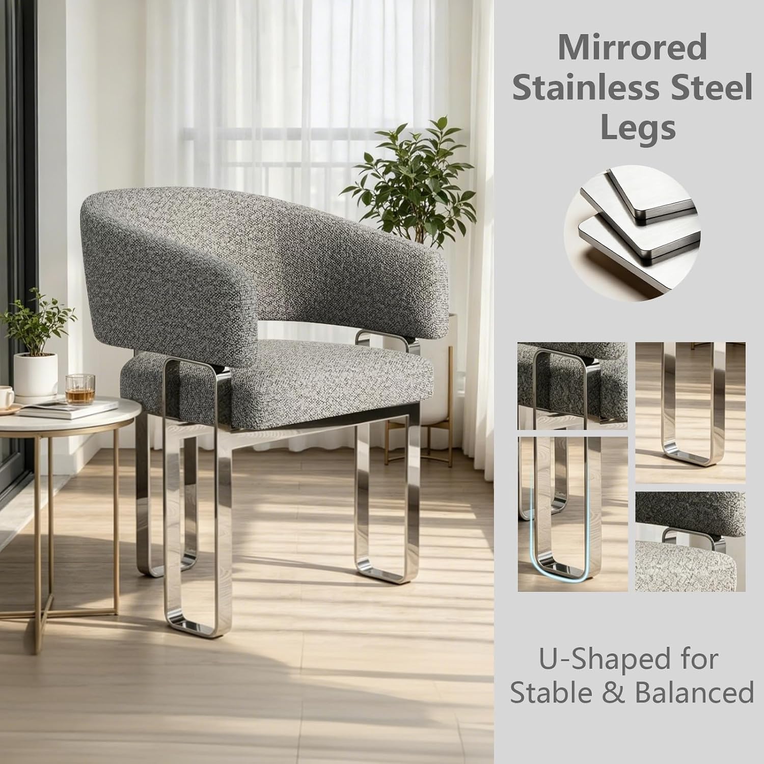 New Dining Chairs Set of 2 – Bouclé Upholstered Barrel Armchairs, Modern Grey Dining Room Accent Chairs