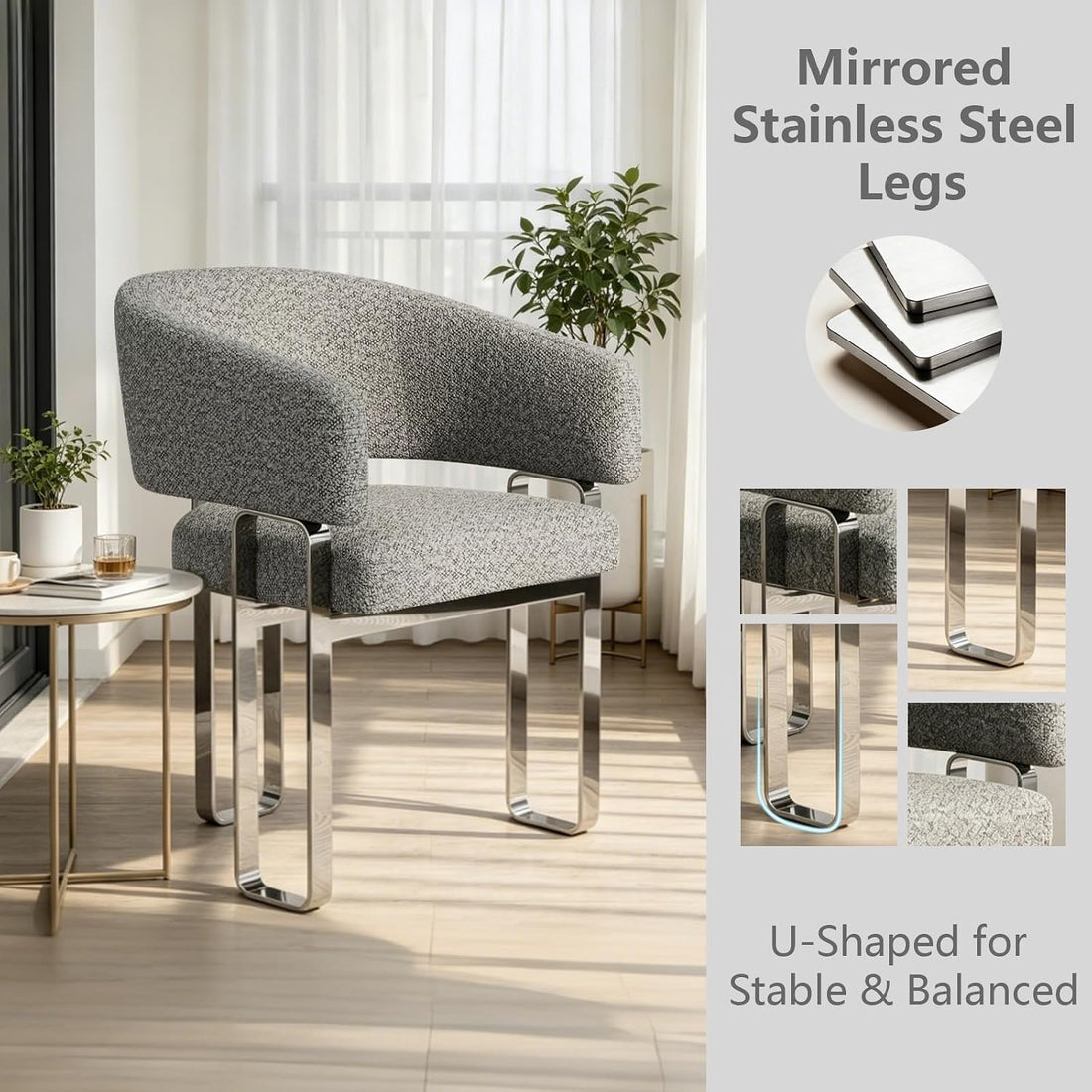 New Dining Chairs Set of 2 – Bouclé Upholstered Barrel Armchairs, Modern Grey Dining Room Accent Chairs