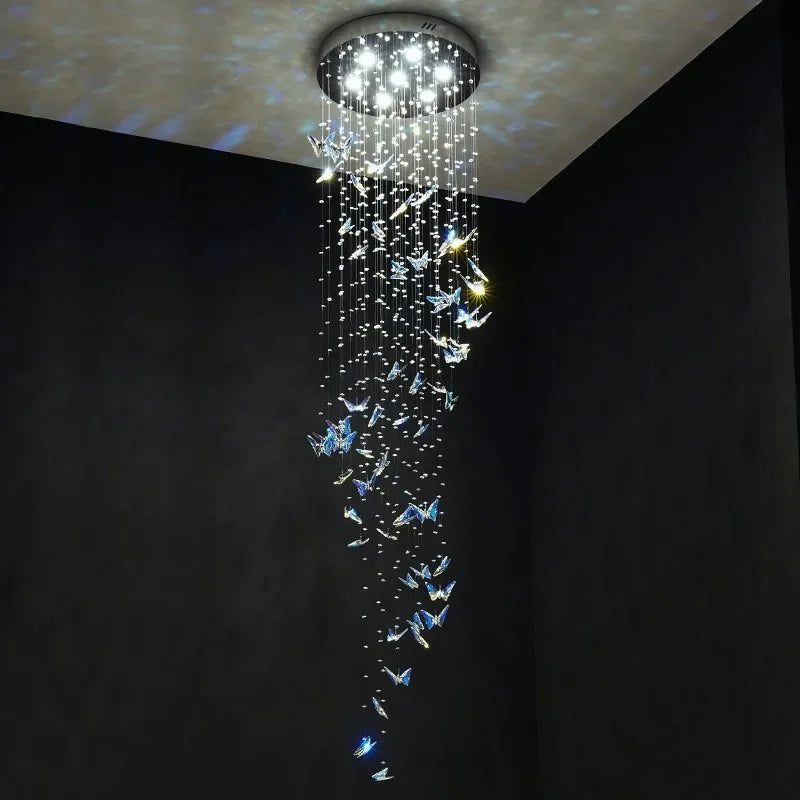 Luxury Crystal Butterfly Chandelier – Large High-Ceiling Staircase Pendant Light
