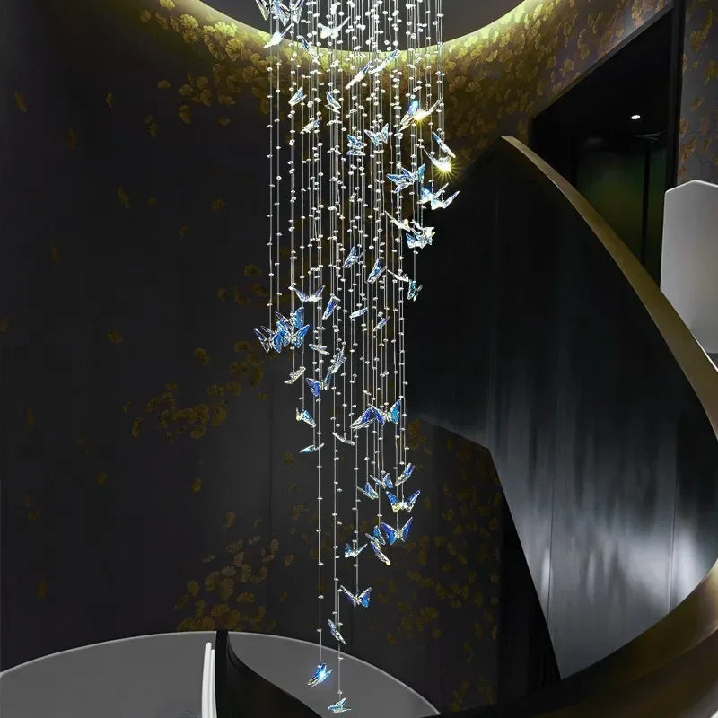 Luxury Crystal Butterfly Chandelier – Large High-Ceiling Staircase Pendant Light