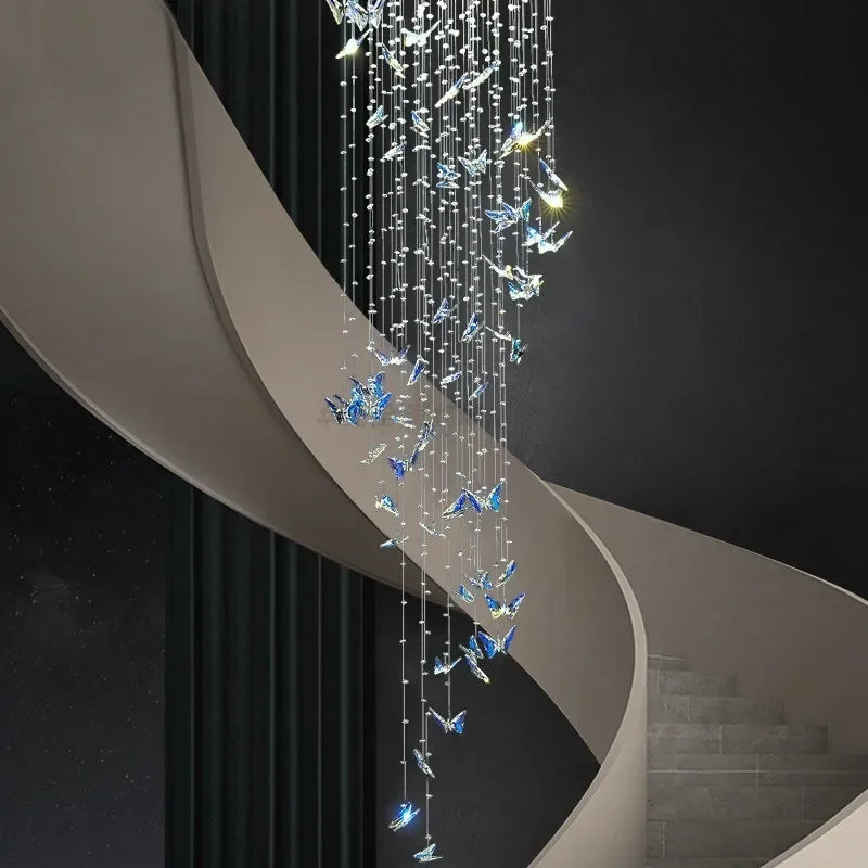 Luxury Crystal Butterfly Chandelier – Large High-Ceiling Staircase Pendant Light