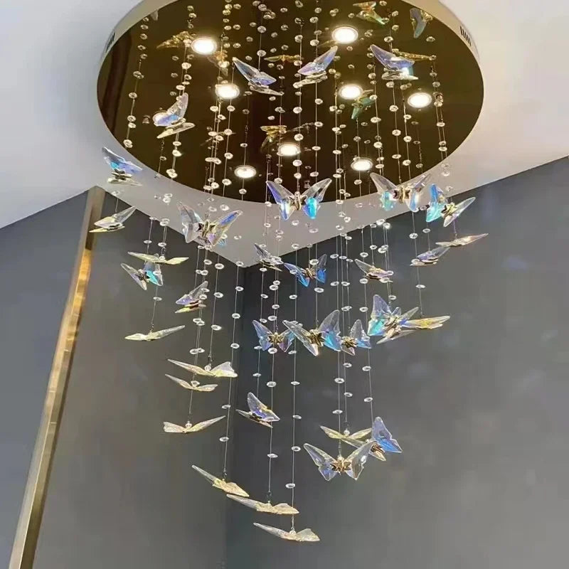 Luxury Crystal Butterfly Chandelier – Large High-Ceiling Staircase Pendant Light