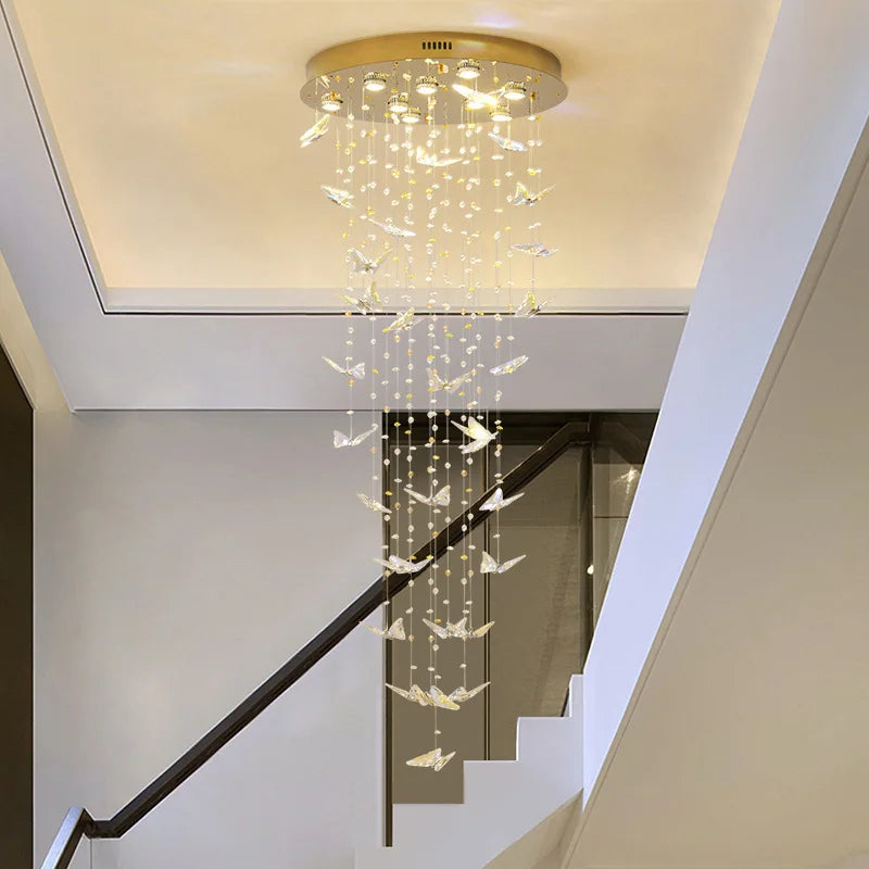 Luxury Crystal Butterfly Chandelier – Large High-Ceiling Staircase Pendant Light