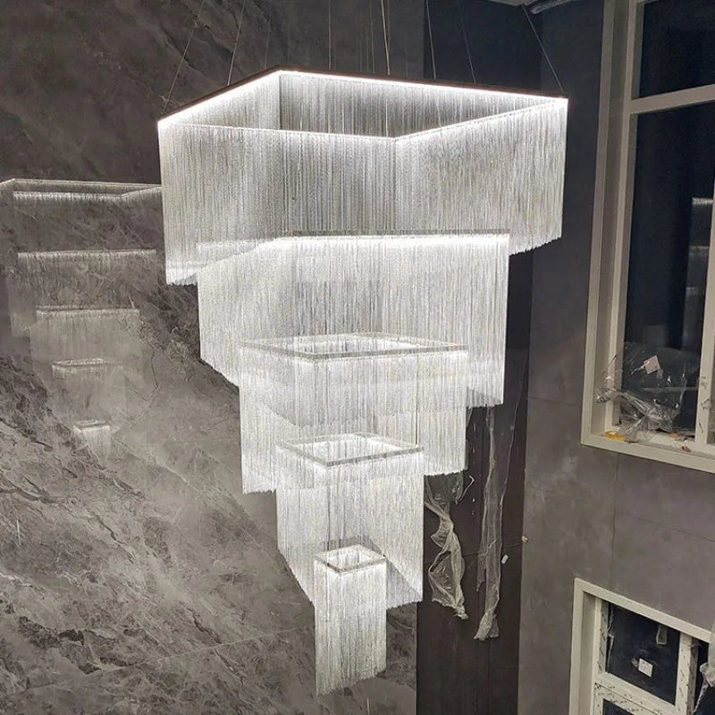 Modern Large Aluminum Chain Tassel Chandelier – Designer Pendant Lamp for Living Room, Hotel & Artistic Décor
