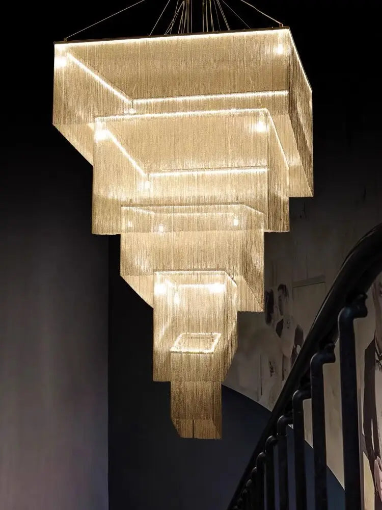 Modern Large Aluminum Chain Tassel Chandelier – Designer Pendant Lamp for Living Room, Hotel & Artistic Décor