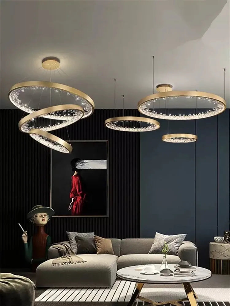 Modern Luxury Ring Crystal LED Dimmable Chandelier – Circular Hanging Lamp for Living Room, Dining Room Bedroom