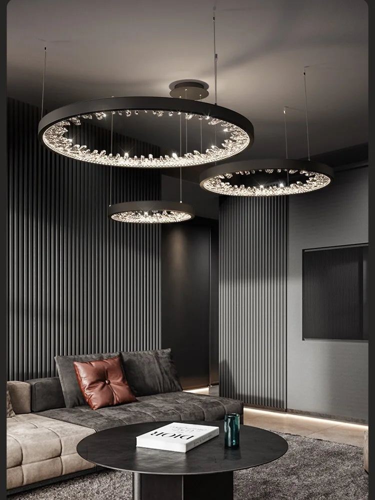 Modern Luxury Ring Crystal LED Dimmable Chandelier – Circular Hanging Lamp for Living Room, Dining Room Bedroom