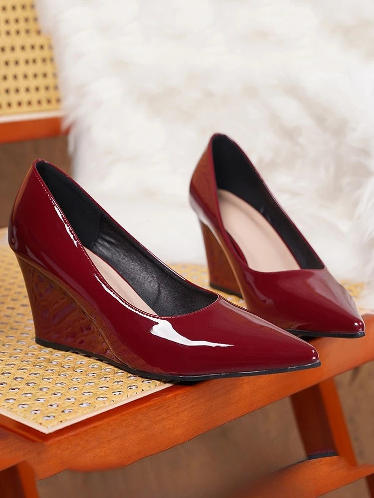 Modern Women Leather Pointed Toe Wedge Pumps, Red Wedding & Banquet Shoes