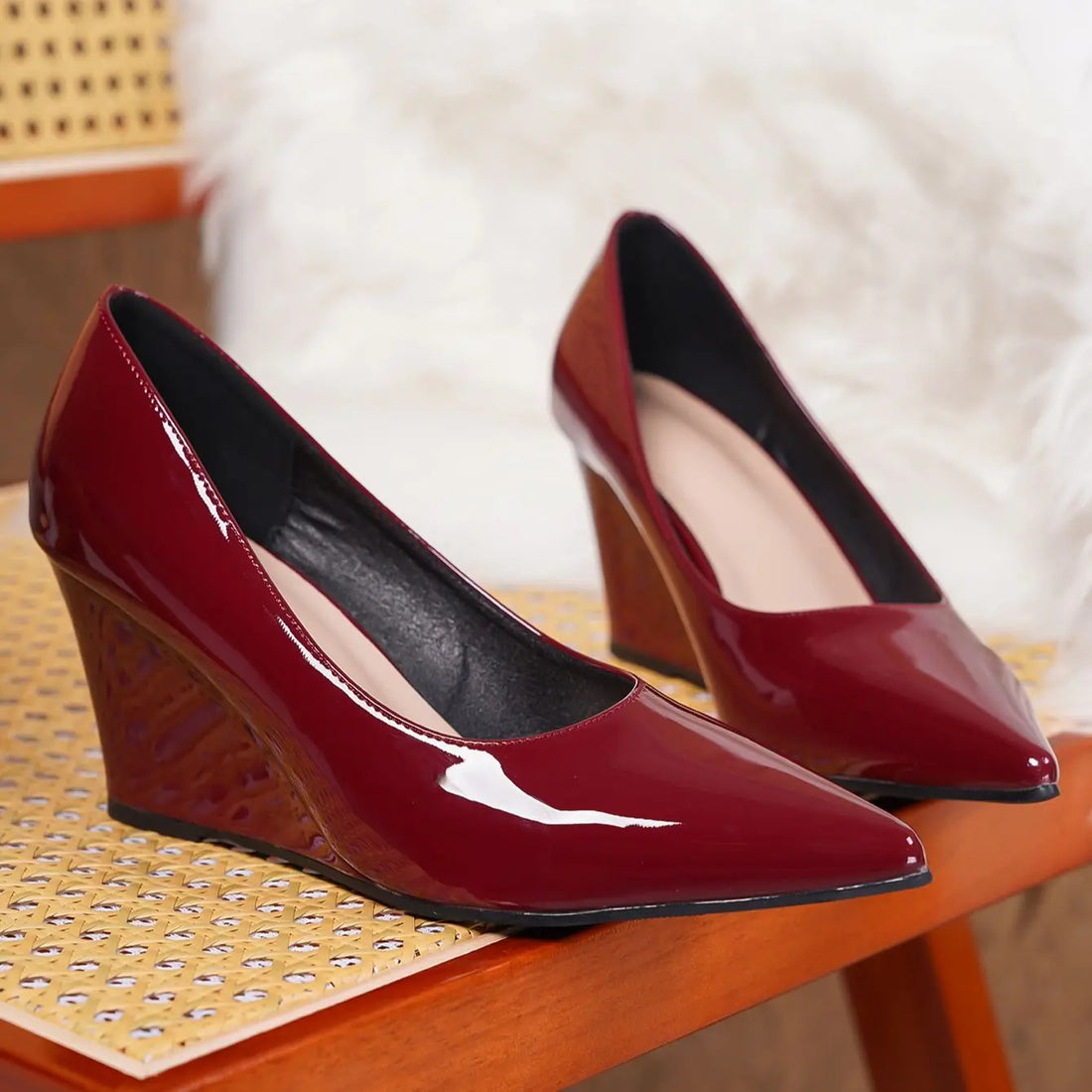 Modern Women Leather Pointed Toe Wedge Pumps, Red Wedding & Banquet Shoes