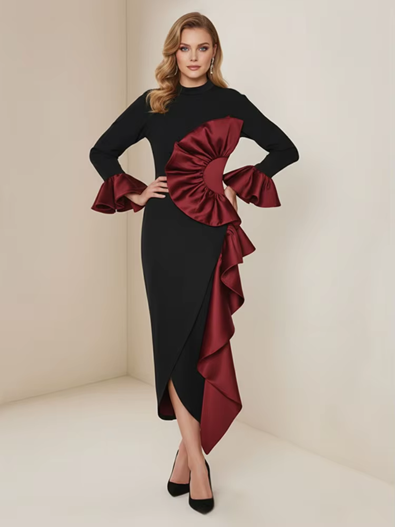 Modern Women's Black Red Ruffled Wedding Party Dress