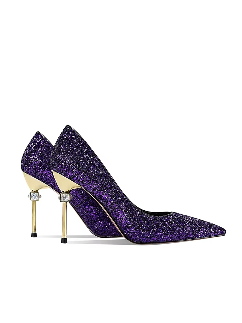 Modern Women's Purple Sequin Rhinestone High Heels – Pointed Toe Metallic Stiletto Pumps for Weddings