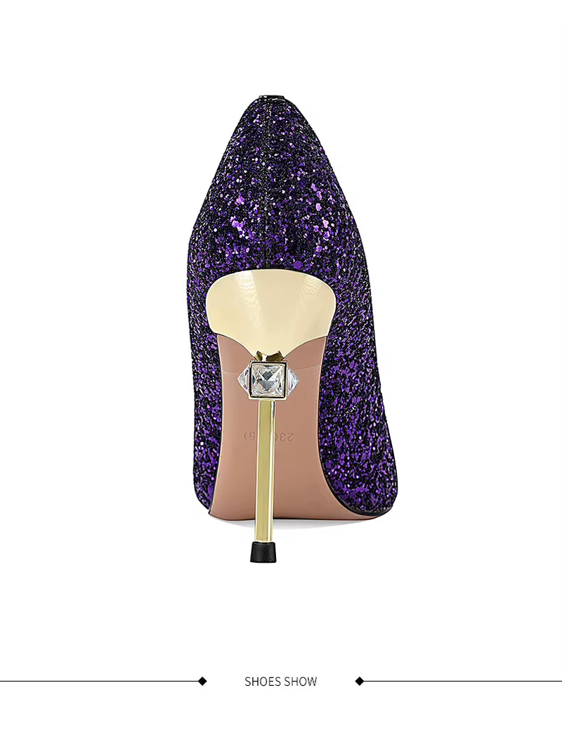 Modern Women's Purple Sequin Rhinestone High Heels – Pointed Toe Metallic Stiletto Pumps for Weddings