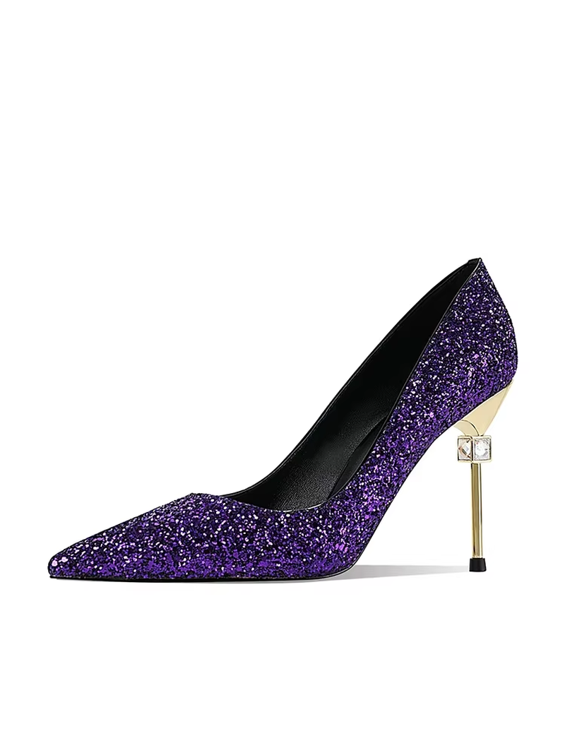 Modern Women's Purple Sequin Rhinestone High Heels – Pointed Toe Metallic Stiletto Pumps for Weddings