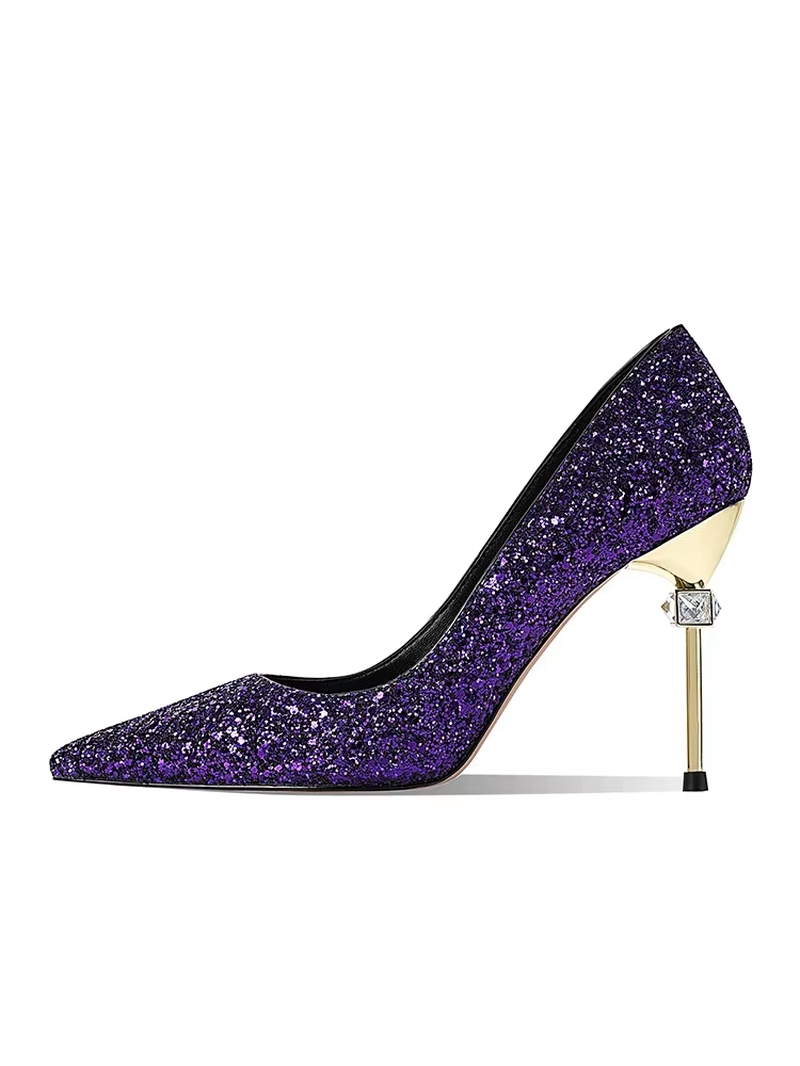 Modern Women's Purple Sequin Rhinestone High Heels – Pointed Toe Metallic Stiletto Pumps for Weddings