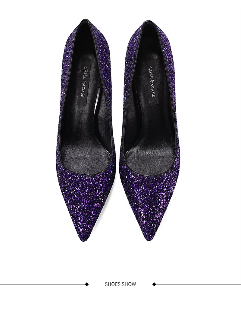 Modern Women's Purple Sequin Rhinestone High Heels – Pointed Toe Metallic Stiletto Pumps for Weddings