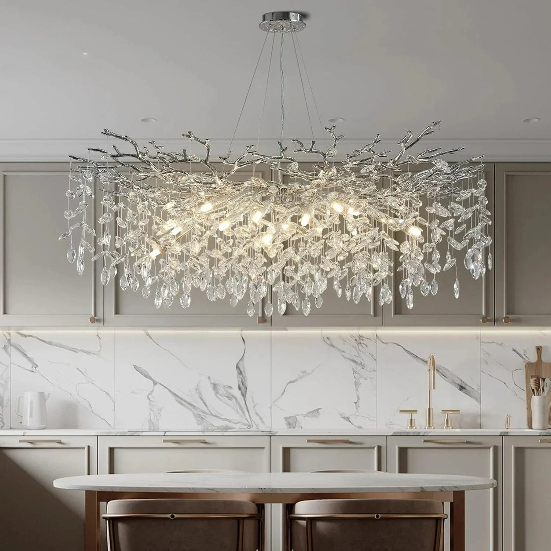Modern Chrome Crystal Branch Chandelier – Luxury Round LED Ceiling Light for Living Room, Dining Room Bedroom