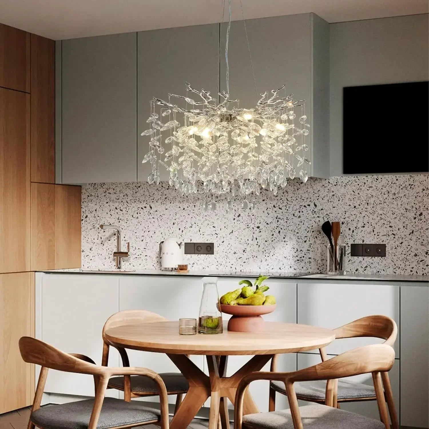 Modern Chrome Crystal Branch Chandelier – Luxury Round LED Ceiling Light for Living Room, Dining Room Bedroom
