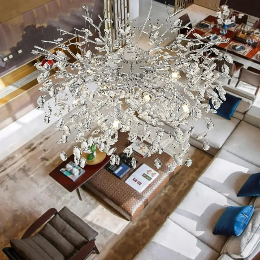 Modern Chrome Crystal Branch Chandelier – Luxury Round LED Ceiling Light for Living Room, Dining Room Bedroom