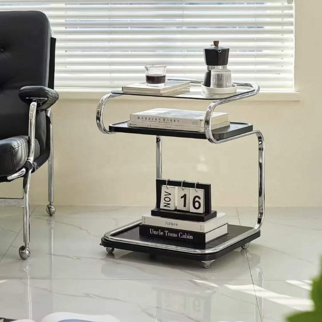 Modern Coffee Table – Multi-Tier Wooden Shelves with Metal Frame & Wheels