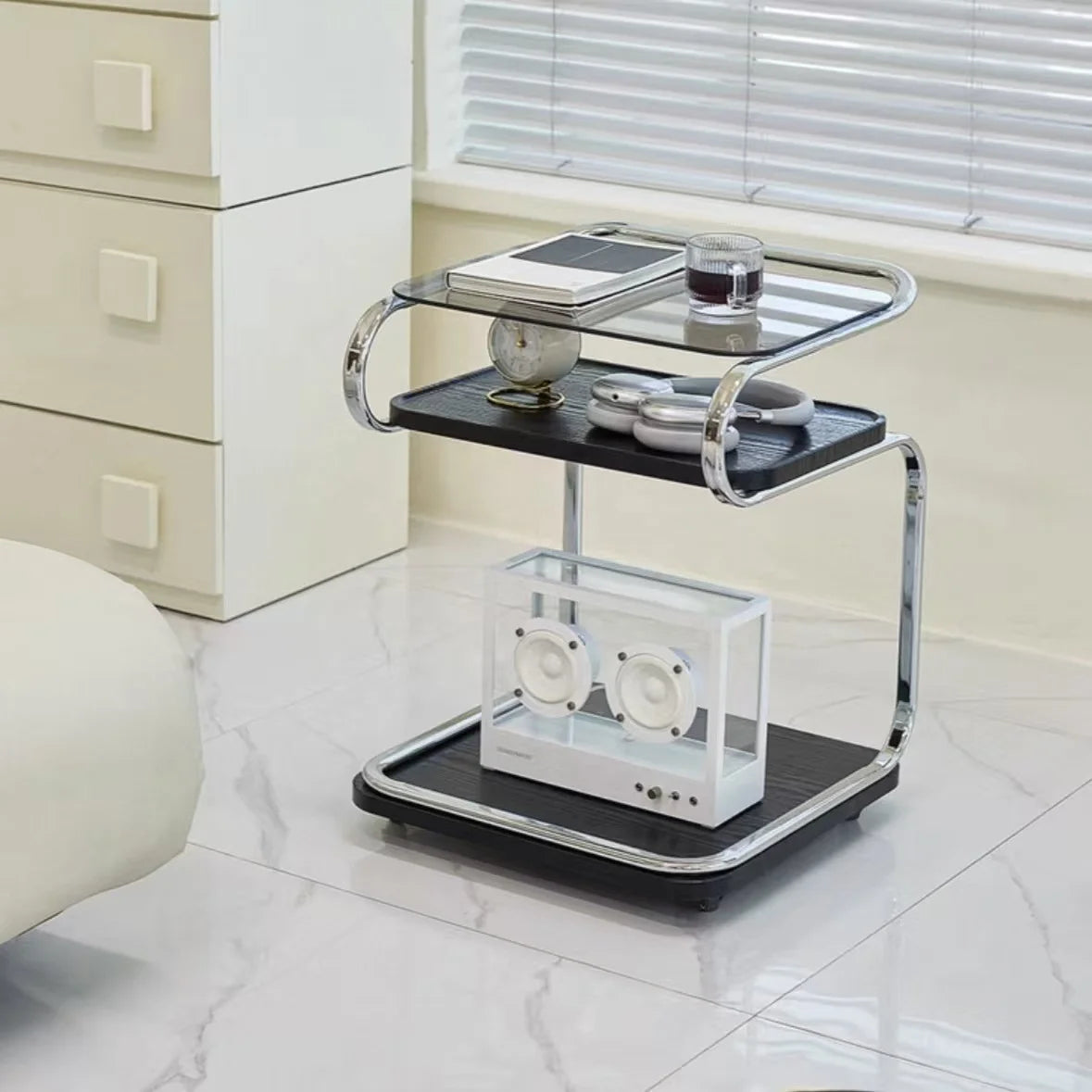 Modern Coffee Table – Multi-Tier Wooden Shelves with Metal Frame & Wheels