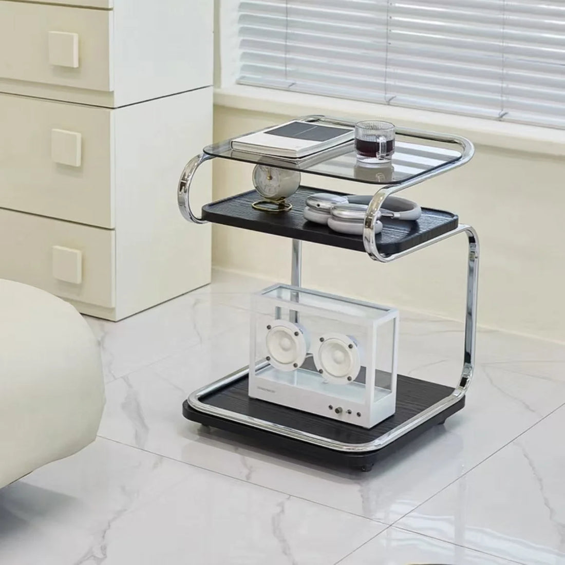 Modern Coffee Table – Multi-Tier Wooden Shelves with Metal Frame & Wheels
