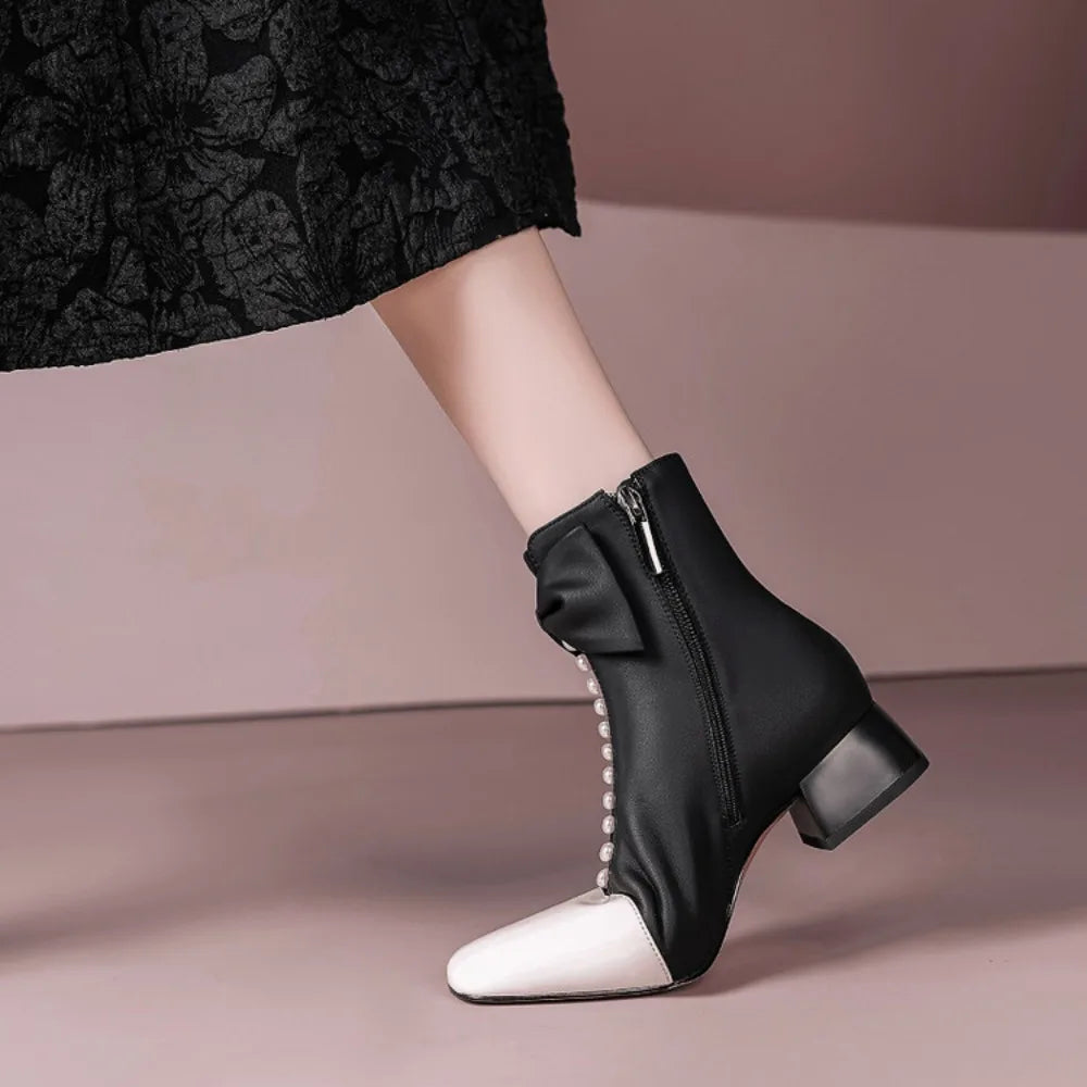 Modern Two-Tone Pearl Bow Ankle Boots – Elegant Square Toe Women's Party Booties
