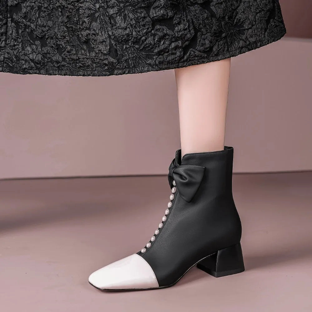 Modern Two-Tone Pearl Bow Ankle Boots – Elegant Square Toe Women's Party Booties