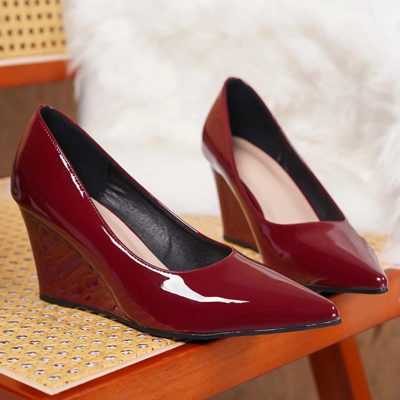 Modern Women Leather Pointed Toe Wedge Pumps, Red Wedding & Banquet Shoes