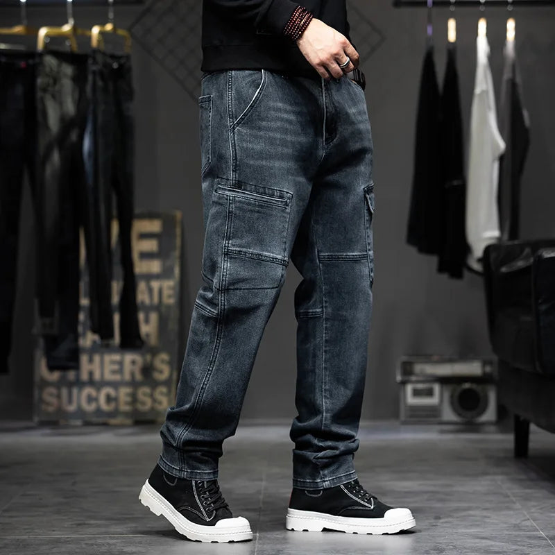 Men’s Multi-Pocket Baggy Jeans – Loose Straight-Leg Denim Pants, Casual Streetwear Trousers