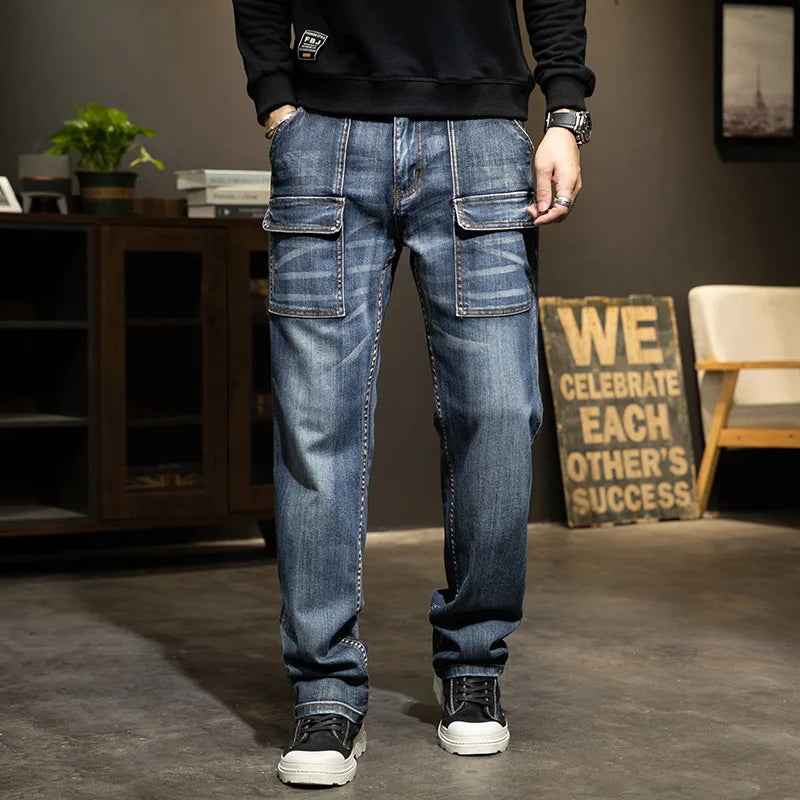 Men’s Multi-Pocket Baggy Jeans – Loose Straight-Leg Denim Pants, Casual Streetwear Trousers
