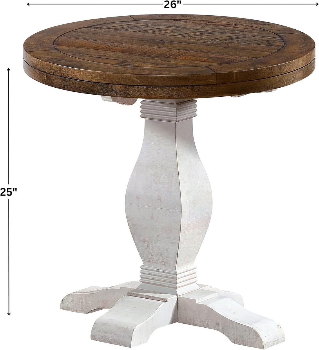 Round wooden table with white pedestal base and dimensions displayed