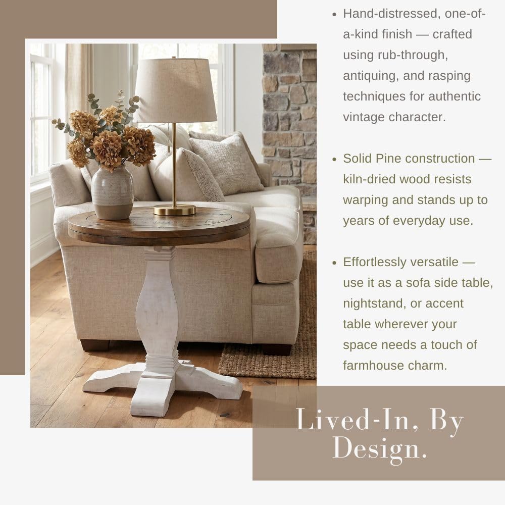Side table with lamp and flowers in a living room setting, with text about product features.