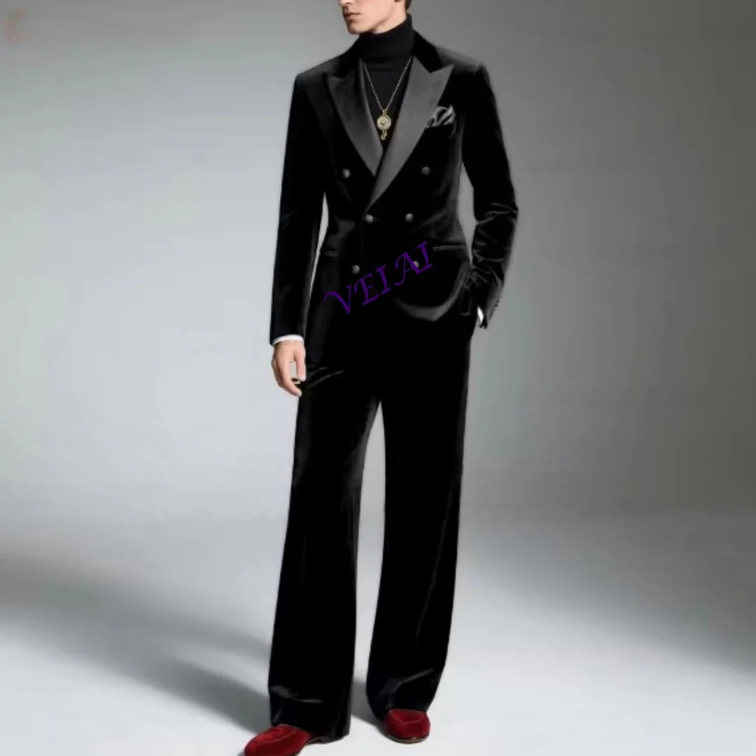 Men’s Navy Blue Velvet Suit – Slim Fit Evening Dinner Blazer & Pants 2-Piece Formal Tuxedo Set