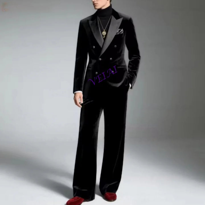 Men’s Navy Blue Velvet Suit – Slim Fit Evening Dinner Blazer & Pants 2-Piece Formal Tuxedo Set