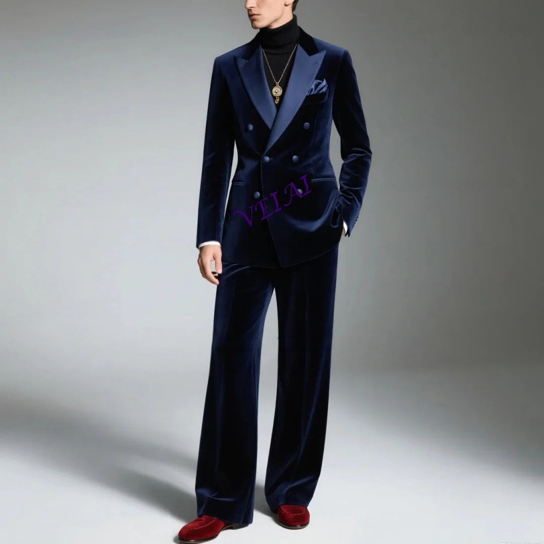 Men’s Navy Blue Velvet Suit – Slim Fit Evening Dinner Blazer & Pants 2-Piece Formal Tuxedo Set