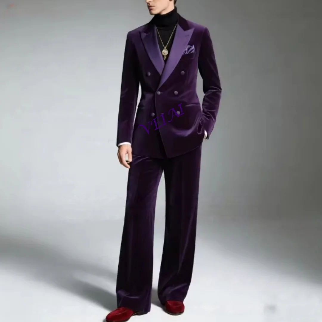 Men’s Navy Blue Velvet Suit – Slim Fit Evening Dinner Blazer & Pants 2-Piece Formal Tuxedo Set