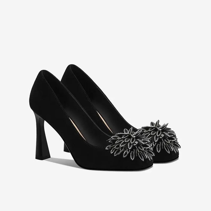 New Black Rhinestone Floral Square Toe Pumps – Elegant Women's Banquet High Heels