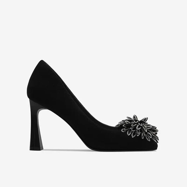 New Black Rhinestone Floral Square Toe Pumps – Elegant Women's Banquet High Heels