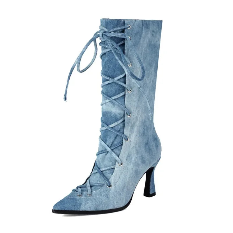 Women's Blue Denim Cross-Strap Mid-Calf Boots