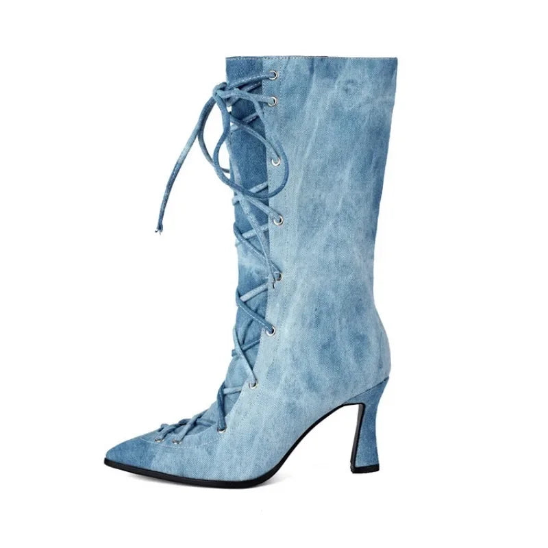 Women's Blue Denim Cross-Strap Mid-Calf Boots