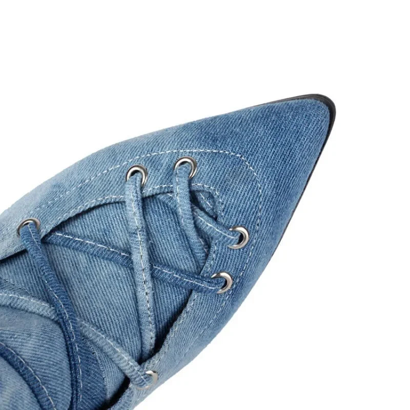 Women's Blue Denim Cross-Strap Mid-Calf Boots