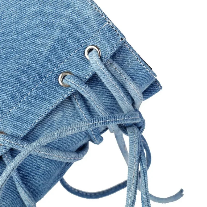Women's Blue Denim Cross-Strap Mid-Calf Boots