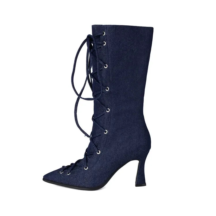 Women's Blue Denim Cross-Strap Mid-Calf Boots