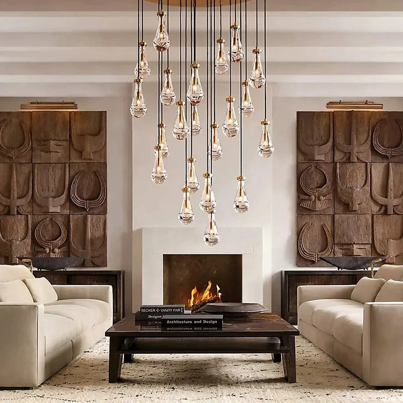 New Copper LED Waterdrop Glass Pendant Light – Modern Lobby, Hotel, Villa &amp; Staircase Ceiling Lamp