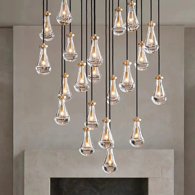 New Copper LED Waterdrop Glass Pendant Light – Modern Lobby, Hotel, Villa &amp; Staircase Ceiling Lamp