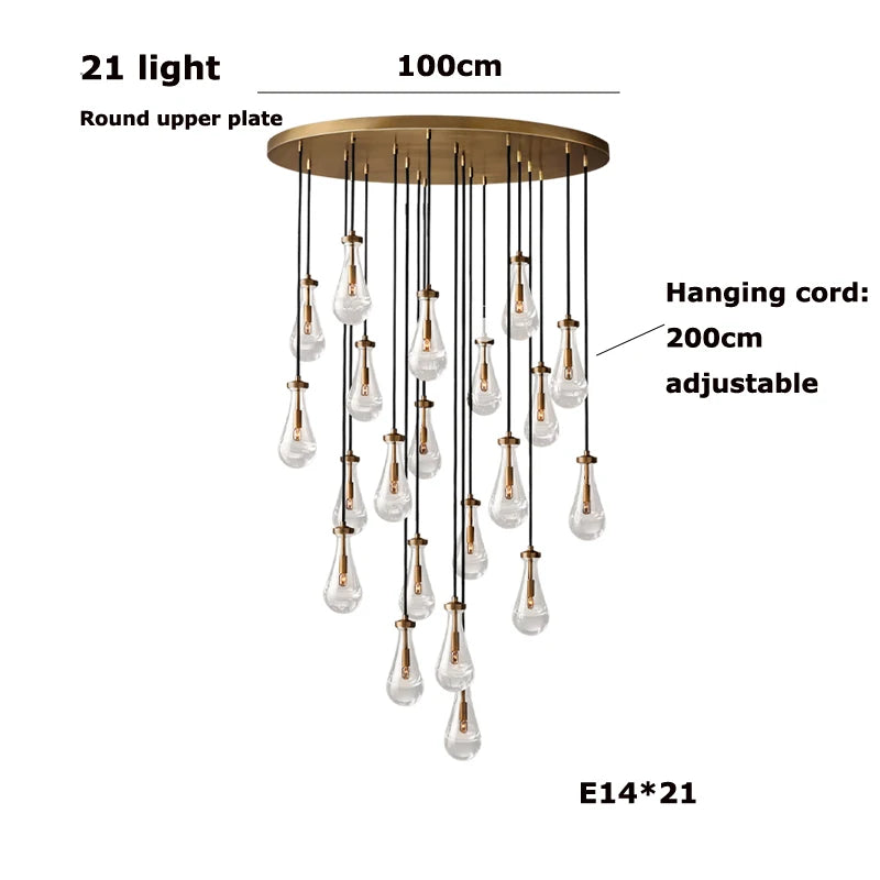 New Copper LED Waterdrop Glass Pendant Light – Modern Lobby, Hotel, Villa &amp; Staircase Ceiling Lamp