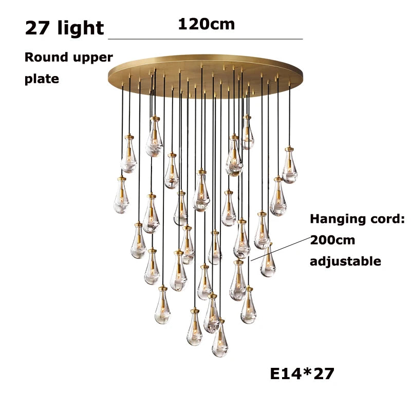 New Copper LED Waterdrop Glass Pendant Light – Modern Lobby, Hotel, Villa &amp; Staircase Ceiling Lamp
