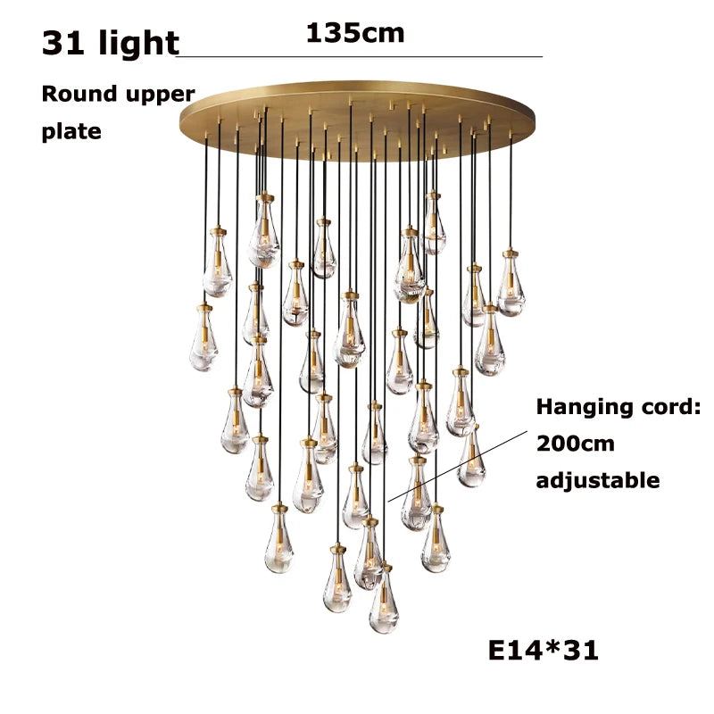 New Copper LED Waterdrop Glass Pendant Light – Modern Lobby, Hotel, Villa &amp; Staircase Ceiling Lamp