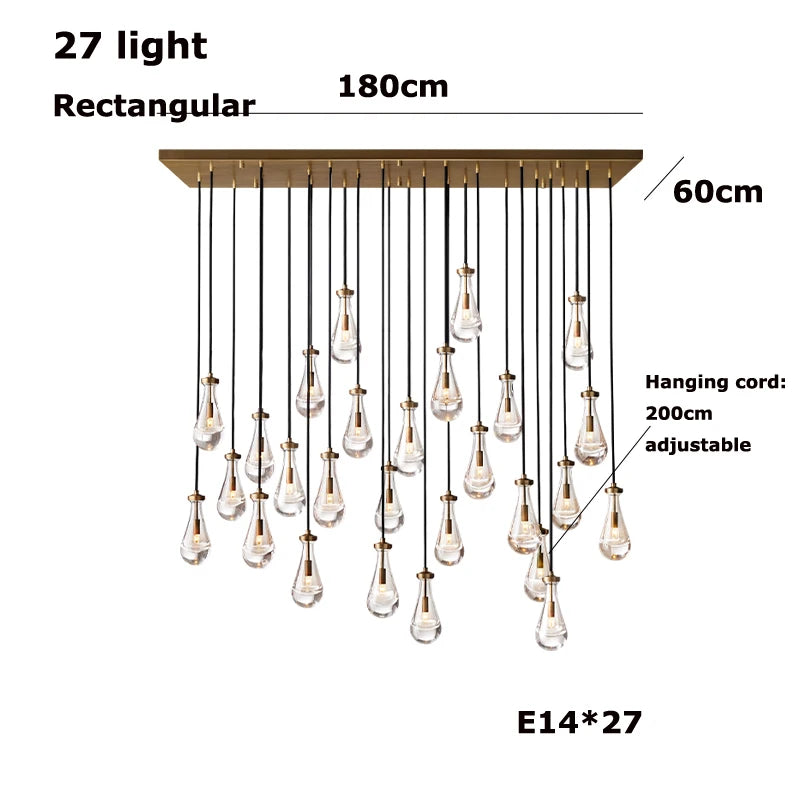 New Copper LED Waterdrop Glass Pendant Light – Modern Lobby, Hotel, Villa &amp; Staircase Ceiling Lamp